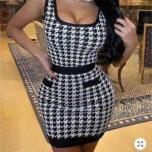 Fashion Nova Black and White Houndstooth Mini Skirt Set